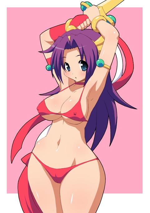 shishimaru ken'ya, princess athena, athena (series), snk, the king of fighters, 1girl, armpits, arms up, bikini, blue eyes, blush, breasts, cleavage, covered erect nipples, curvy, female focus, fighting stance, hip focus, large breasts, navel, parted lips, purple hair, red bikini, solo, swimsuit, sword, underboob, weapon, wide hips