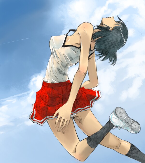 cosaten, suou mikoto (school rumble), school rumble, 00s, 1girl, black hair, breasts, female focus, jumping, no bra, see-through clothes, shoes, sideboob, skirt, socks, solo