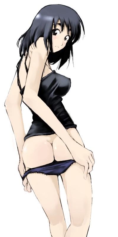 cosaten, suou mikoto (school rumble), school rumble, 00s, 1girl, ass, black eyes, black hair, black theme, breasts, female focus, looking back, panties, panty pull, sideboob, solo, underwear