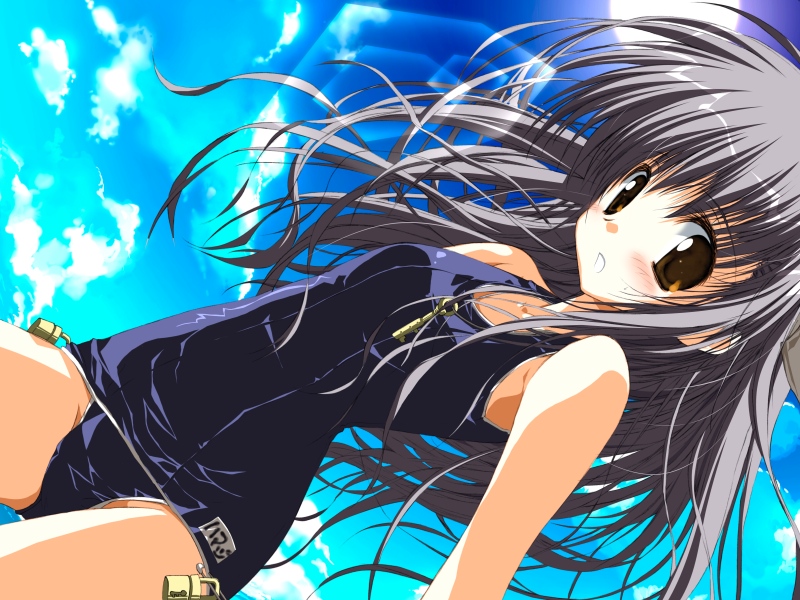 scaji, yakumo hamaji, h2o footprints in the sand, game cg, 00s, 1boy, black hair, blue one-piece swimsuit, blue school swimsuit, brown eyes, cloud, collarbone, crossdressing, crossdressing (mtf), day, jewelry, key, key necklace, lens flare, lock, long hair, looking at viewer, male focus, necklace, one-piece swimsuit, padlock, parted lips, safety pin, school swimsuit, sky, solo, standing, sun, swimsuit, teeth, trap, water