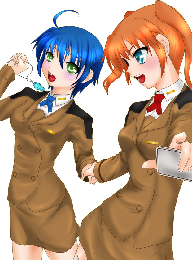 minatsuki randoseru, subaru nakajima, teana lanster, lyrical nanoha, mahou shoujo lyrical nanoha, mahou shoujo lyrical nanoha strikers, 00s, 2girls, ahoge, blue eyes, blue hair, formal clothes, green eyes, jewelry, multiple girls, necklace, pointing, profile, red hair, short hair, twintails