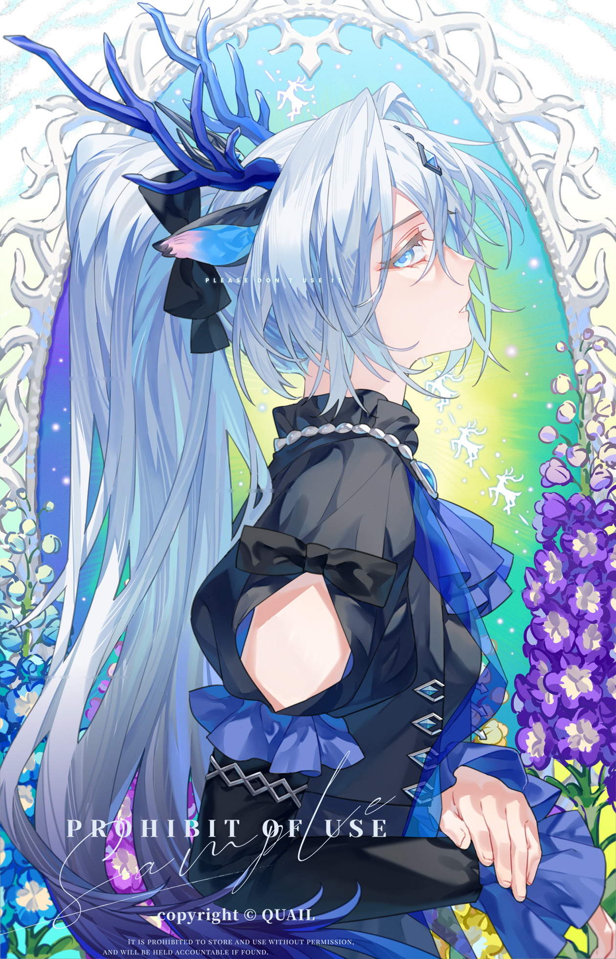 anchun (quail0503), original, commission, highres, 1girl, animal ears, antlers, arm cutout, ascot, black bow, black dress, blue ascot, blue background, blue brooch, blue eyes, blue flower, blue gemstone, blue horns, border, bow, brooch, buttons, clothing cutout, colored tips, deer, deer antlers, deer ears, deer girl, diamond button, dress, flower, forehead jewel, frilled shirt collar, frilled sleeves, frills, from side, gem, gradient background, green background, hair between eyes, hair bow, hair intakes, high ponytail, hollyhock, horns, jewelry, layered sleeves, long hair, long sleeves, looking at viewer, multicolored hair, ornate border, outside border, own hands together, parted lips, pink flower, ponytail, profile, purple flower, sample watermark, shirt, short over long sleeves, short sleeves, sideways glance, sleeve bow, solo, upper body, very long hair, watermark, white border, white shirt, yellow background, yellow flower
