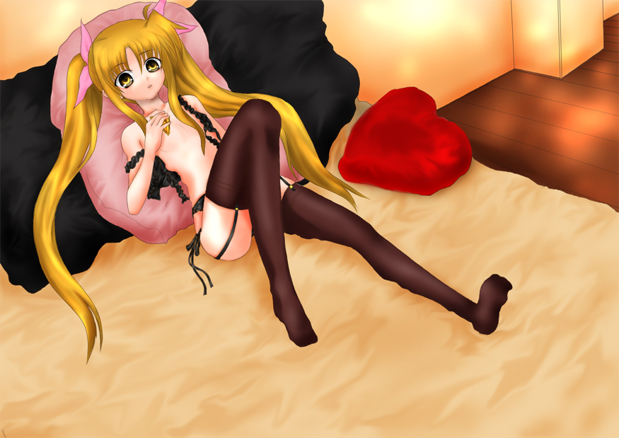 minatsuki randoseru, fate testarossa, lyrical nanoha, mahou shoujo lyrical nanoha, 00s, solo, thighhighs, topless female