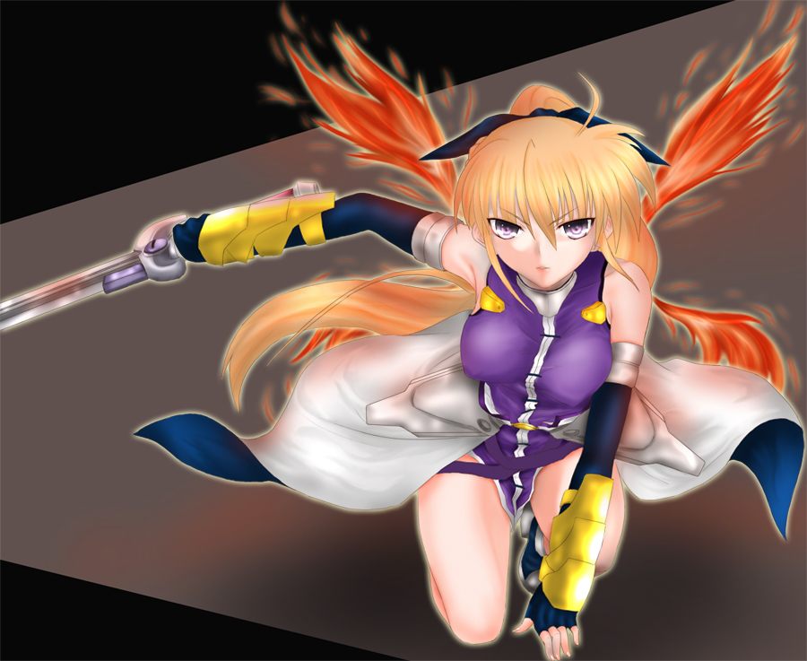 minatsuki randoseru, laevatein (nanoha), signum, lyrical nanoha, mahou shoujo lyrical nanoha, mahou shoujo lyrical nanoha strikers, 00s, 1girl, female focus, fiery wings, fingerless gloves, gloves, magical girl, ponytail, solo, sword, unison (nanoha), waist cape, weapon, wings