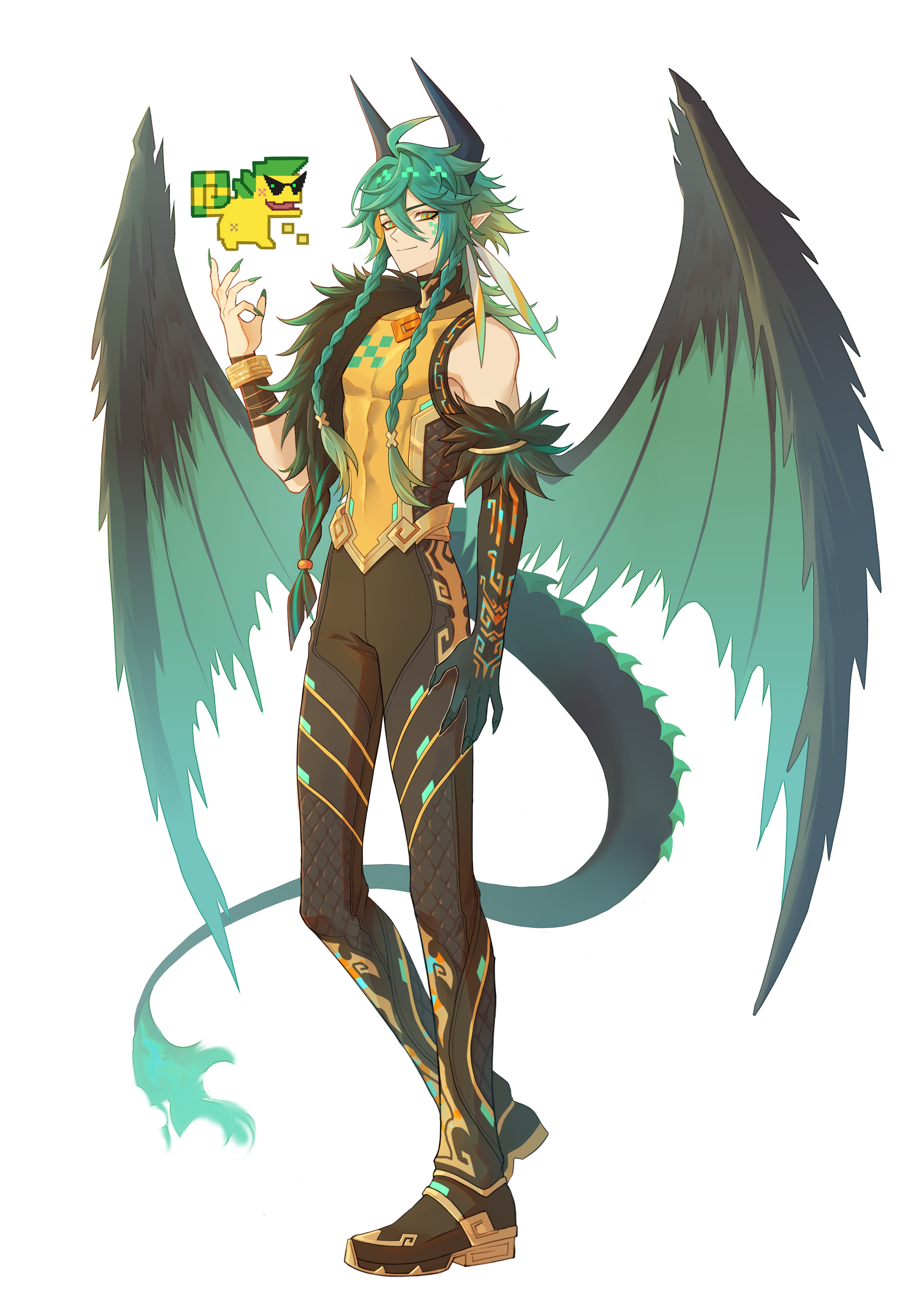 erzplubdduik93g, ajaw (genshin impact), genshin impact, absurdres, highres, 1boy, black hands, black pants, braid, brown shoes, closed mouth, colored extremities, dragon horns, dragon tail, dragon wings, fur trim, gold trim, green eyes, green hair, horns, humanization, male focus, multicolored eyes, pants, shirt, shoes, short hair with long locks, solo, tail, twin braids, white background, wings, yellow shirt