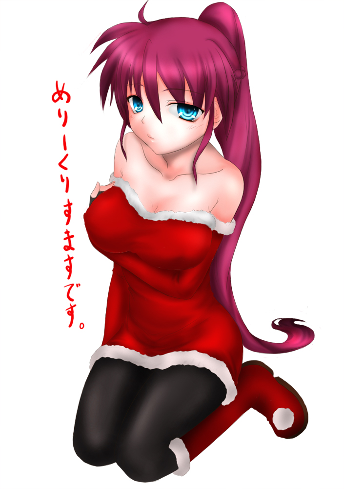 minatsuki randoseru, signum, lyrical nanoha, mahou shoujo lyrical nanoha, mahou shoujo lyrical nanoha a's, 00s, 1girl, christmas, dress, female focus, pantyhose, santa costume, solo, strapless, strapless dress