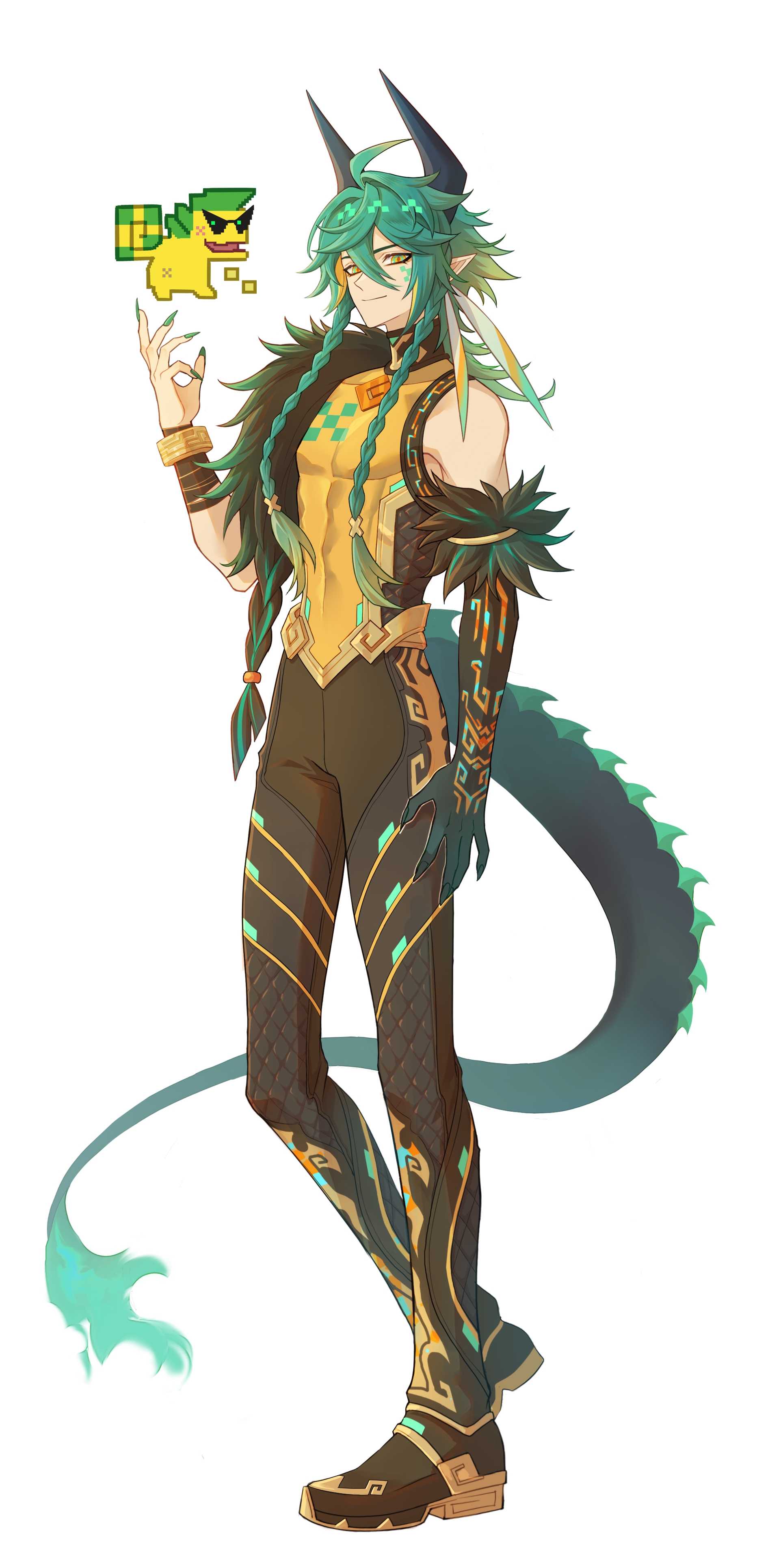 erzplubdduik93g, ajaw (genshin impact), genshin impact, absurdres, highres, 1boy, black hands, black pants, braid, brown shoes, closed mouth, colored extremities, dragon horns, dragon tail, fur trim, gold trim, green eyes, green hair, horns, humanization, male focus, multicolored eyes, pants, shirt, shoes, short hair with long locks, solo, tail, twin braids, white background, yellow shirt