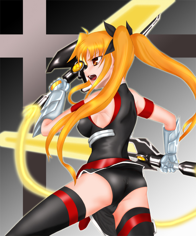 minatsuki randoseru, bardiche (nanoha), bardiche (riot zanber stinger) (nanoha), fate testarossa, fate testarossa (true sonic form), lyrical nanoha, mahou shoujo lyrical nanoha, mahou shoujo lyrical nanoha strikers, 00s, 1girl, blonde hair, dual wielding, energy sword, female focus, gauntlets, holding, magical girl, solo, sword, thighhighs, twintails, weapon