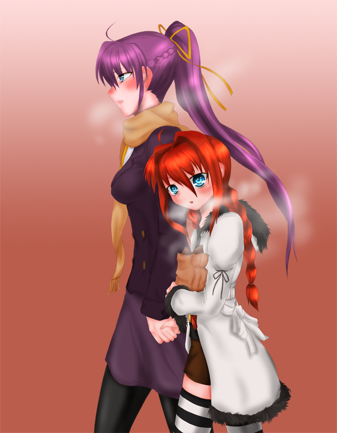 minatsuki randoseru, signum, vita (nanoha), lyrical nanoha, mahou shoujo lyrical nanoha, mahou shoujo lyrical nanoha a's, 00s, blue eyes, braid, holding hands, pantyhose, pink hair, red hair, scarf, thighhighs, twin braids