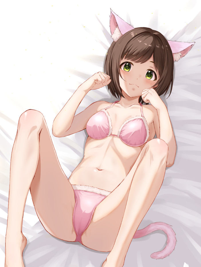 ca paria, maekawa miku, idolmaster, idolmaster cinderella girls, commentary request, variant set, 1girl, animal ear fluff, animal ears, blush, bob cut, bra, brown hair, cat ears, cat tail, closed mouth, collarbone, fur-trimmed bra, fur-trimmed panties, fur trim, hands up, knees up, looking at viewer, lying, navel, on back, on bed, panties, parted bangs, pink bra, pink panties, short hair, solo, stomach, swept bangs, tail, underwear, underwear only, yellow eyes