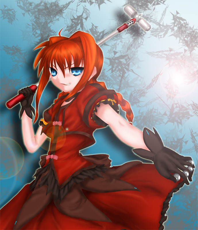 minatsuki randoseru, graf eisen, vita (nanoha), lyrical nanoha, mahou shoujo lyrical nanoha, mahou shoujo lyrical nanoha a's, 00s, 1girl, ahoge, blue eyes, braid, female focus, gloves, hammer, magical girl, no headwear, red hair, solo, twin braids