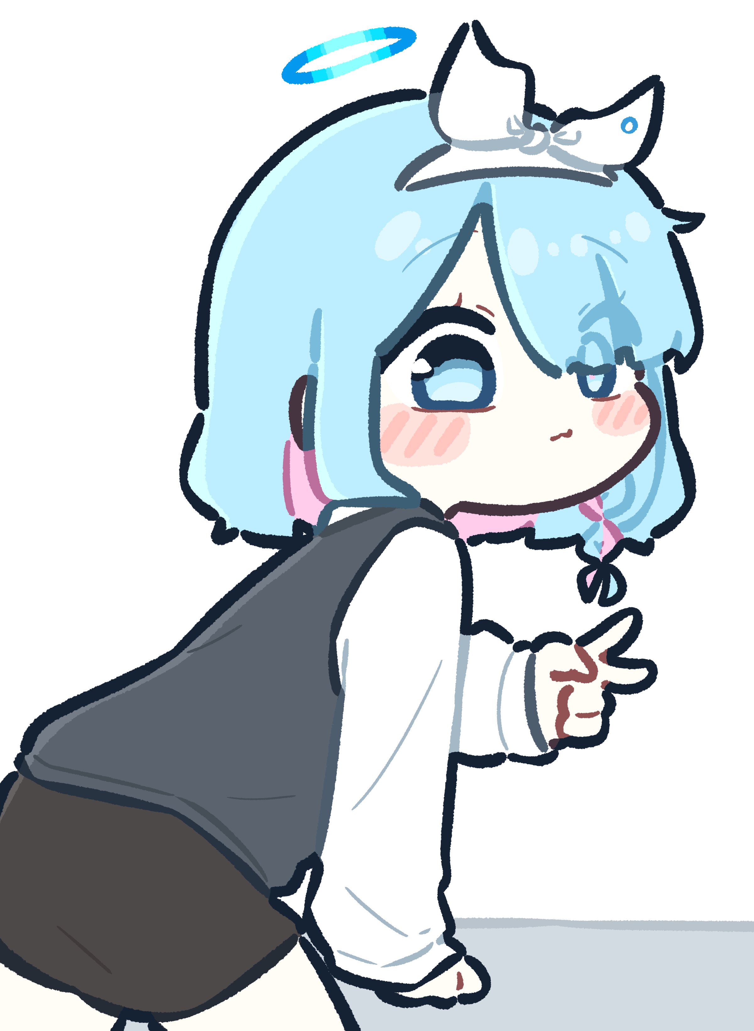 piki (itpiki), arona (blue archive), blue archive, absurdres, highres, 1girl, alternate costume, blue eyes, blue hair, blue halo, chibi, grey skirt, grey vest, halo, looking at viewer, multicolored hair, pink hair, school uniform, shirt, simple background, skirt, solo, thighs, two-tone hair, v, vest, white background, white shirt