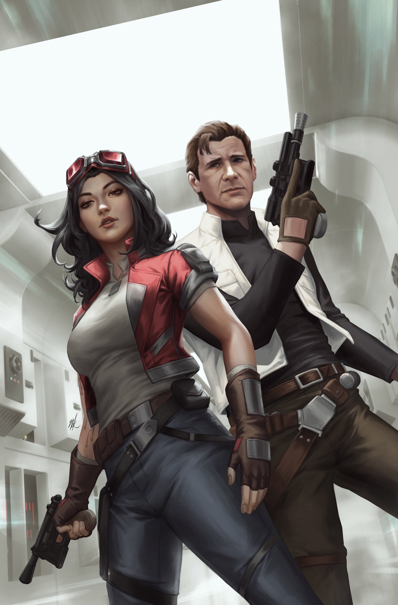 ejikure, han solo, star wars, highres, 1boy, 1girl, arm tattoo, black hair, black pants, black shirt, breasts, brown gloves, brown hair, brown pants, chelli lona aphra, circuit board tattoo, cropped jacket, fingerless gloves, gloves, goggles, goggles on head, gun, handgun, holding, holding gun, holding weapon, indoors, jacket, looking at viewer, medium breasts, open clothes, open jacket, open vest, pants, red jacket, shirt, short-sleeved jacket, short hair, short sleeves, tattoo, vest, weapon, white shirt, white vest