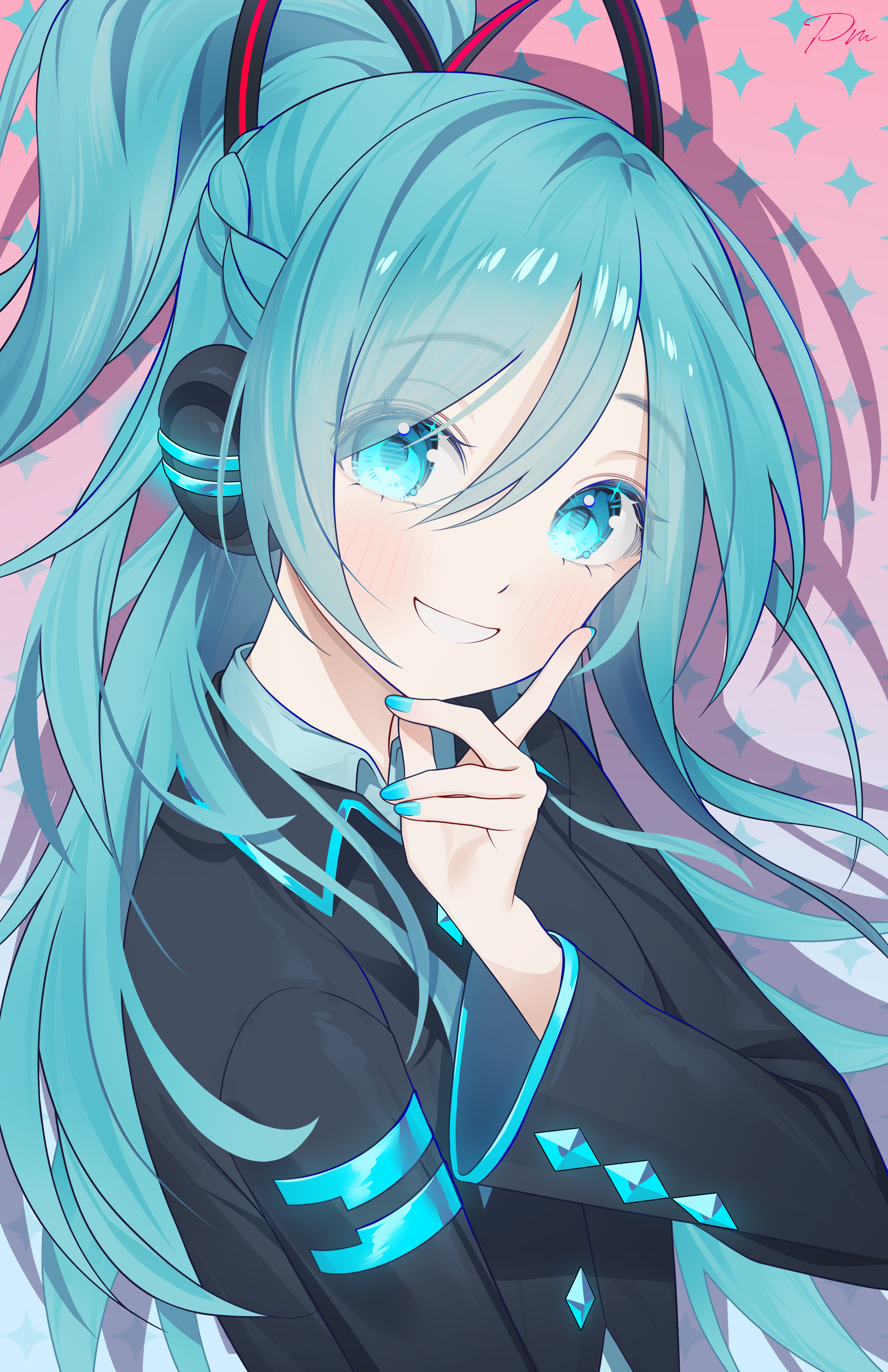 pm (lily112100), hatsune miku, hatsune miku (if), vocaloid, absurdres, highres, 1girl, :d, aqua hair, arm at side, black jacket, black ribbon, blue background, blue eyes, blue nails, blue shirt, blue trim, blush, braid, buttons, collared jacket, collared shirt, diamond button, double-parted bangs, drop shadow, eyes visible through hair, gradient background, grin, hair between eyes, hair ribbon, half up braid, hand on own chin, hand up, high ponytail, index finger raised, jacket, long hair, long sleeves, looking at viewer, open mouth, pink background, ponytail, ribbon, shirt, short ponytail, simple background, single braid, smile, sparkle background, sparkling eyes, tareme, two-tone background, upper body, very long hair