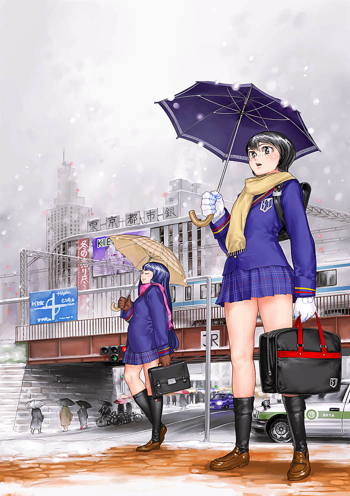 garex, original, 2girls, city, freckles, multiple girls, school uniform, serafuku, snow, snowing, umbrella