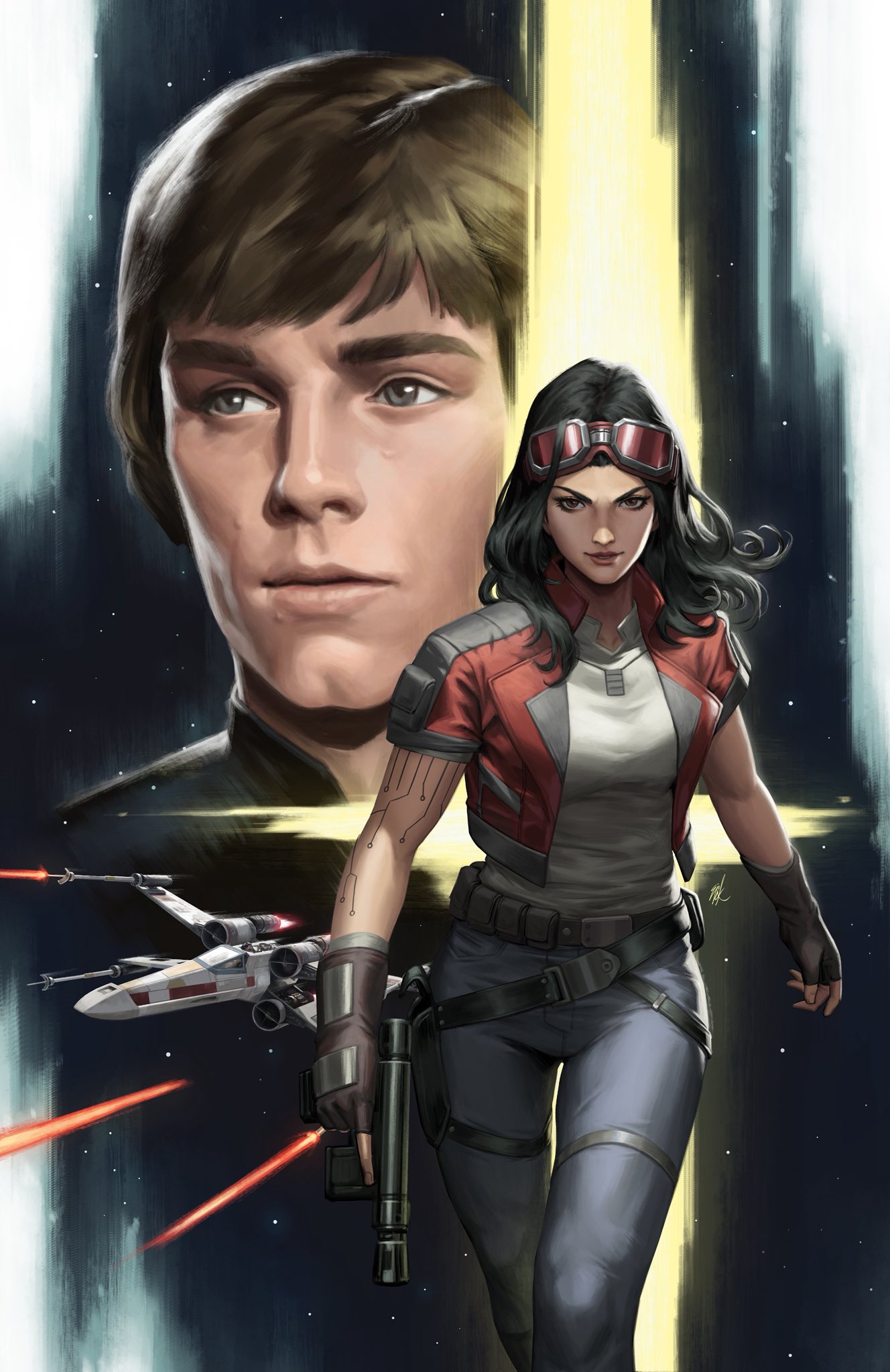ejikure, luke skywalker, x-wing, star wars, highres, 1boy, 1girl, arm tattoo, black hair, blue pants, brown eyes, brown gloves, brown hair, chelli lona aphra, circuit board tattoo, cropped jacket, fingerless gloves, gloves, goggles, goggles on head, gun, holding, holding gun, holding weapon, jacket, long hair, looking at viewer, open clothes, open jacket, pants, red jacket, shirt, short-sleeved jacket, short hair, short sleeves, tattoo, weapon, white shirt