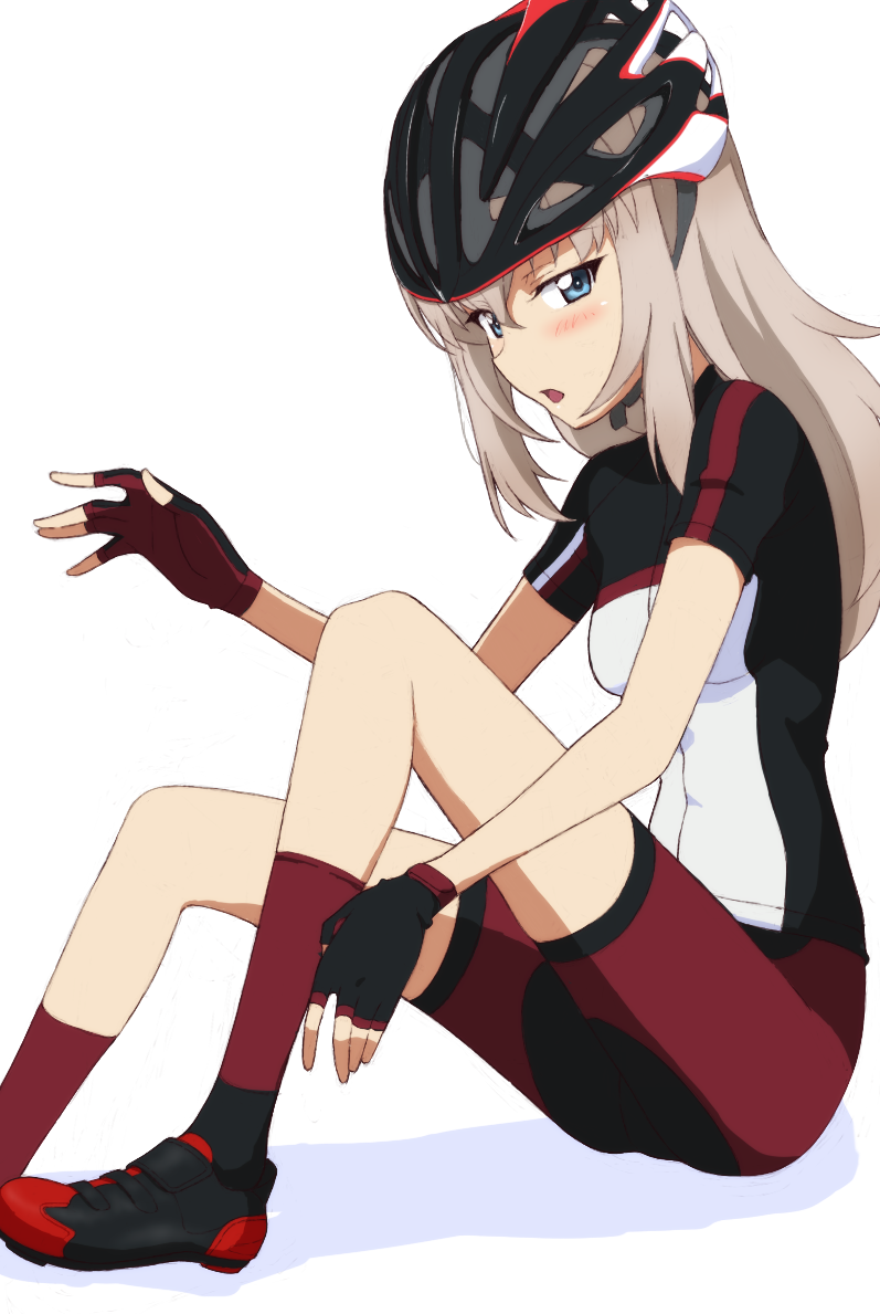 kayabakoro, itsumi erika, girls und panzer, commentary, commission, pixiv commission, 1girl, bicycle helmet, bike shorts, black gloves, black helmet, black shirt, black shoes, blue eyes, blush, fingerless gloves, gloves, grey hair, helmet, jersey, light frown, looking at viewer, medium hair, open mouth, red shorts, red socks, shirt, shoes, short sleeves, shorts, simple background, sitting, sneakers, socks, solo, white background