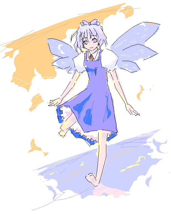 transient, cirno, touhou, 1girl, bow, female focus, full body, oekaki, solo