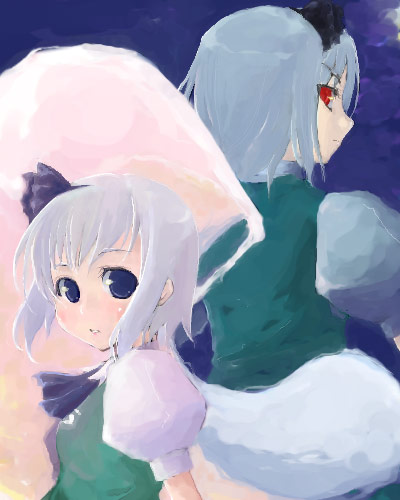 transient, konpaku youmu, konpaku youmu (ghost), touhou, silver hair, lowres, 2girls, back-to-back, black ribbon, blue eyes, blush, dress, dual persona, female focus, floating, ghost, green dress, hair ribbon, hitodama, looking at viewer, multiple girls, puffy short sleeves, puffy sleeves, red eyes, ribbon, short hair, short sleeves