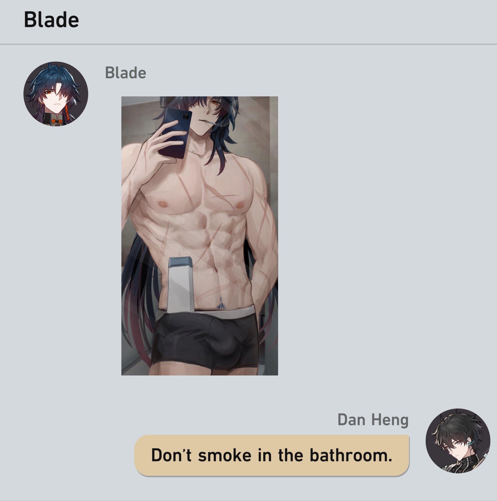 kyooami, dan heng (honkai: star rail), honkai: star rail, honkai (series), highres, 2boys, abs, black hair, black male underwear, boxer briefs, bulge, cellphone, chat log, cigarette, covered penis, covered testicles, cowboy shot, english text, erection, erection under clothes, eyeliner, fake phone screenshot, fake screenshot, gradient hair, holding, holding phone, large penis, long hair, looking at phone, makeup, male focus, male pubic hair, male underwear, mirror selfie, multicolored hair, multiple boys, multiple scars, navel, nipples, pectorals, penis, phone, profile picture, pubic hair, red eyeliner, red hair, scar, scar on arm, scar on chest, scar on stomach, selfie, shampoo challenge, short hair, smartphone, smoking, solo, teeth, toned, toned male, topless male, underwear, upper teeth only, yellow eyes