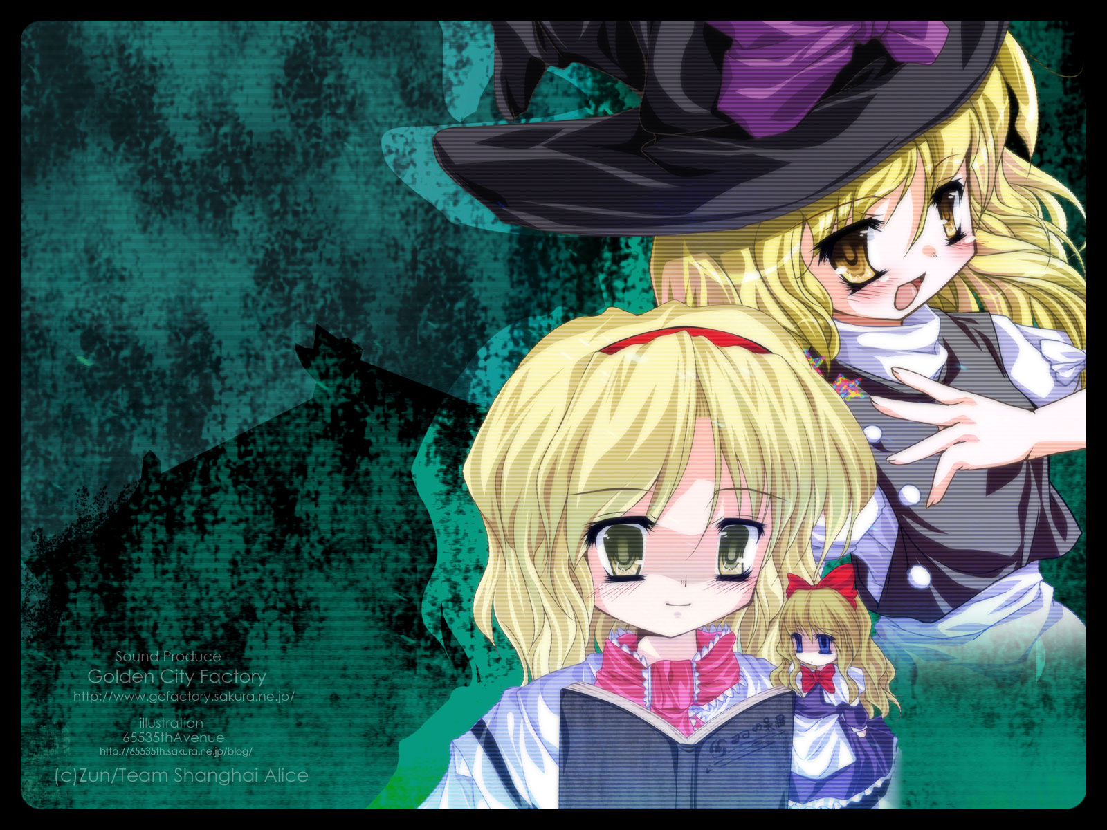 akahito, alice margatroid, kirisame marisa, shanghai doll, touhou, highres, 2girls, :d, apron, black dress, blonde hair, blue dress, closed mouth, doll, dress, empty eyes, expressionless, female focus, flying, hair between eyes, hat, looking at viewer, multiple girls, open mouth, shaded face, size difference, smile, upper body, waist apron, wavy hair, witch hat