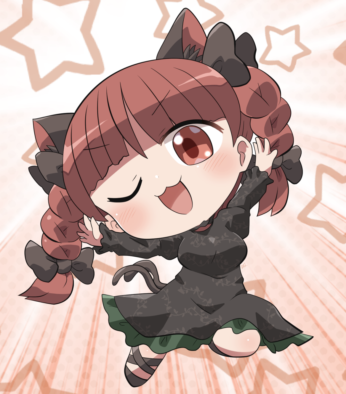 rokugou daisuke, kaenbyou rin, touhou, commentary, highres, 1girl, :3, ;d, animal ear fluff, animal ears, ankle lace-up, black dress, black shoes, blunt bangs, blush, braid, breasts, cat ears, cat girl, cat tail, chibi, chibi only, dress, frilled dress, frills, full body, juliet sleeves, long hair, long sleeves, looking at viewer, multiple tails, one eye closed, open mouth, outstretched arms, puffy sleeves, red eyes, red hair, shoes, signature, smile, solo, spread arms, star (symbol), tail, twin braids, two tails