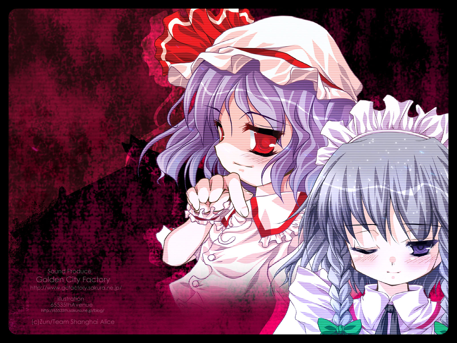 akahito, izayoi sakuya, remilia scarlet, touhou, highres, 2girls, braid, female focus, hat, multiple girls, one eye closed, ribbon, twin braids, upper body, wink