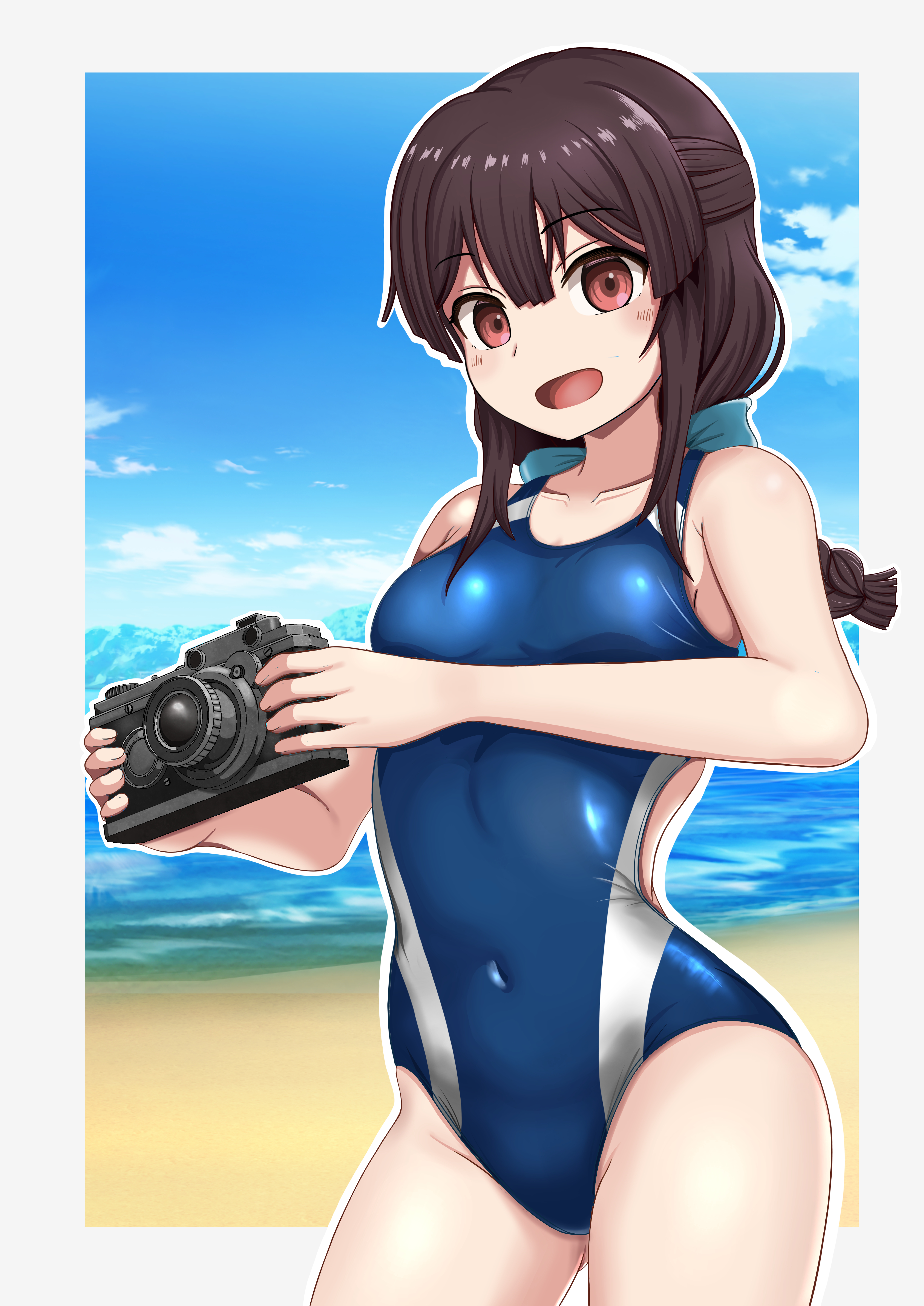 jersey (jersey 2237), ash arms, absurdres, highres, 1girl, beach, black hair, blue one-piece swimsuit, blue sky, braid, braided ponytail, breasts, brown eyes, camera, cloud, competition swimsuit, contrapposto, covered navel, day, horizon, low ponytail, ocean, one-piece swimsuit, open mouth, outdoors, ponytail, sky, small breasts, solo, standing, swimsuit, two-tone swimsuit, type 97 te-ke (ash arms)