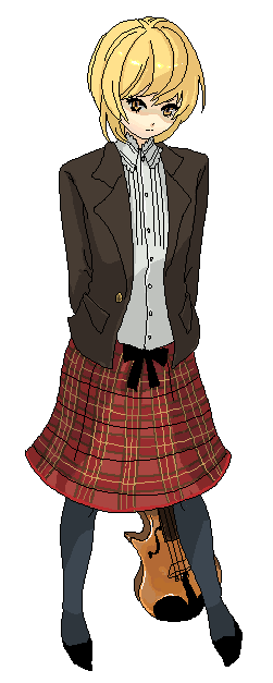 arcoiris, lunasa prismriver, touhou, 1girl, alternate costume, black pantyhose, black shoes, blonde hair, blouse, contemporary, female focus, full body, instrument, pantyhose, plaid clothes, plaid skirt, shirt, shoes, simple background, skirt, solo, standing, violin, white background, white shirt