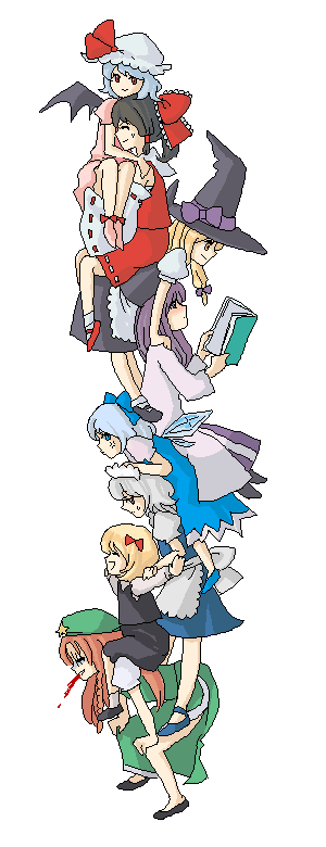 arcoiris, cirno, hakurei reimu, hong meiling, izayoi sakuya, kirisame marisa, patchouli knowledge, remilia scarlet, rumia, embodiment of scarlet devil, touhou, 6+girls, apron, blonde hair, blood, blue hair, book, bow, brown hair, child, dress, everyone, frilled bow, frills, grey hair, hair bow, happy, hat, human tower, long hair, multiple girls, outstretched arms, purple hair, red eyes, red hair, red ribbon, red skirt, ribbon, ribbon-trimmed skirt, ribbon-trimmed sleeves, ribbon trim, shoes, short hair, sitting, skirt, spitting, stacking, waist apron, white ribbon, wings, witch hat