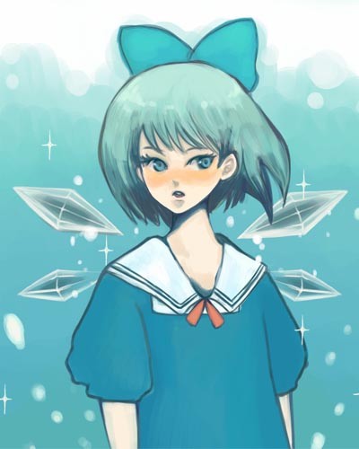 arcoiris, cirno, touhou, lowres, 1girl, adapted costume, blouse, blue background, bow, female focus, shirt, solo, sparkle, white shirt