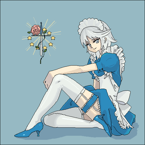 arcoiris, izayoi sakuya, touhou, silver hair, 1girl, braid, female focus, frilled thigh strap, garter belt, garter straps, high heels, lingerie, shoes, short hair, solo, thigh strap, thighhighs, twin braids, underwear