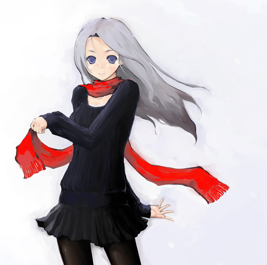 transient, travo, original, black pantyhose, blue eyes, grey hair, pantyhose, scarf, solo, sweater