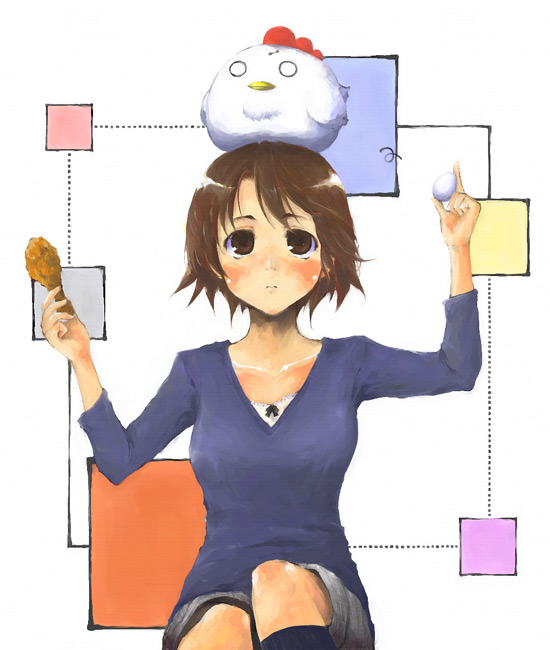 transient, original, 1girl, bird, brown eyes, brown hair, chicken, chicken (food), chicken leg, egg, female focus, food, object on head, solo