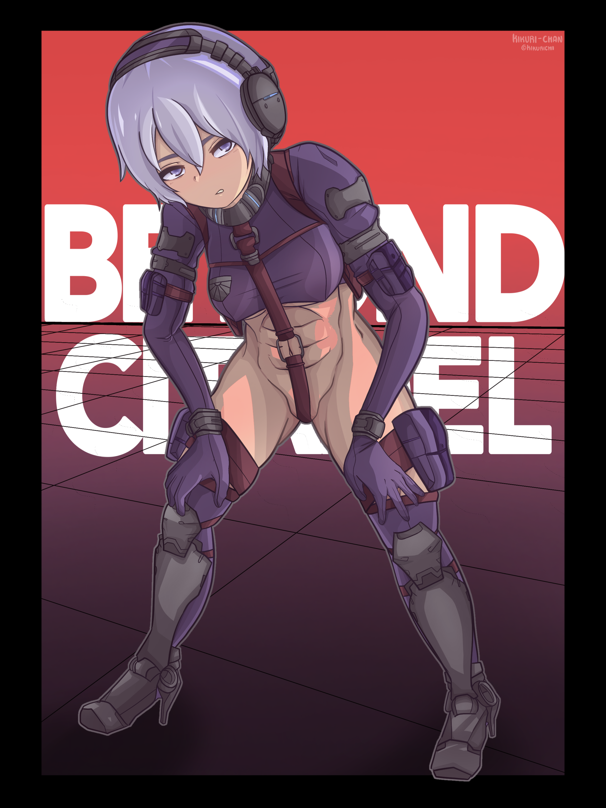 martyr (the citadel), beyond citadel, the citadel, 1girl, ammunition pouch, badge, boots, collar, copyright name, crotch strap, headphones, high heel boots, high heels, long sleeves, pouch, purple eyes, purple hair, purple shirt, purple thighhighs, revealing clothes, shirt, solo, squatting, thighhighs