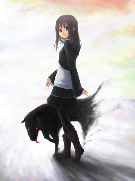 transient, original, 1girl, black pantyhose, boots, brown hair, dog, female focus, pantyhose, solo