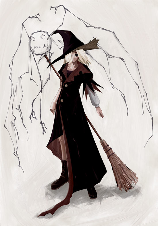 transient, original, 1girl, asymmetrical clothes, black eyes, blonde hair, boots, broom, female focus, full body, hair over one eye, hat, long coat, solo, standing, white background, wings, witch, witch hat