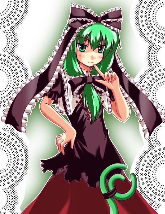 tokiniwa, kagiyama hina, touhou, 1girl, bow, female focus, front ponytail, green eyes, green hair, hair bow, hand on own hip, long hair, looking at viewer, matching hair/eyes, pointing, pointing at self, solo, standing