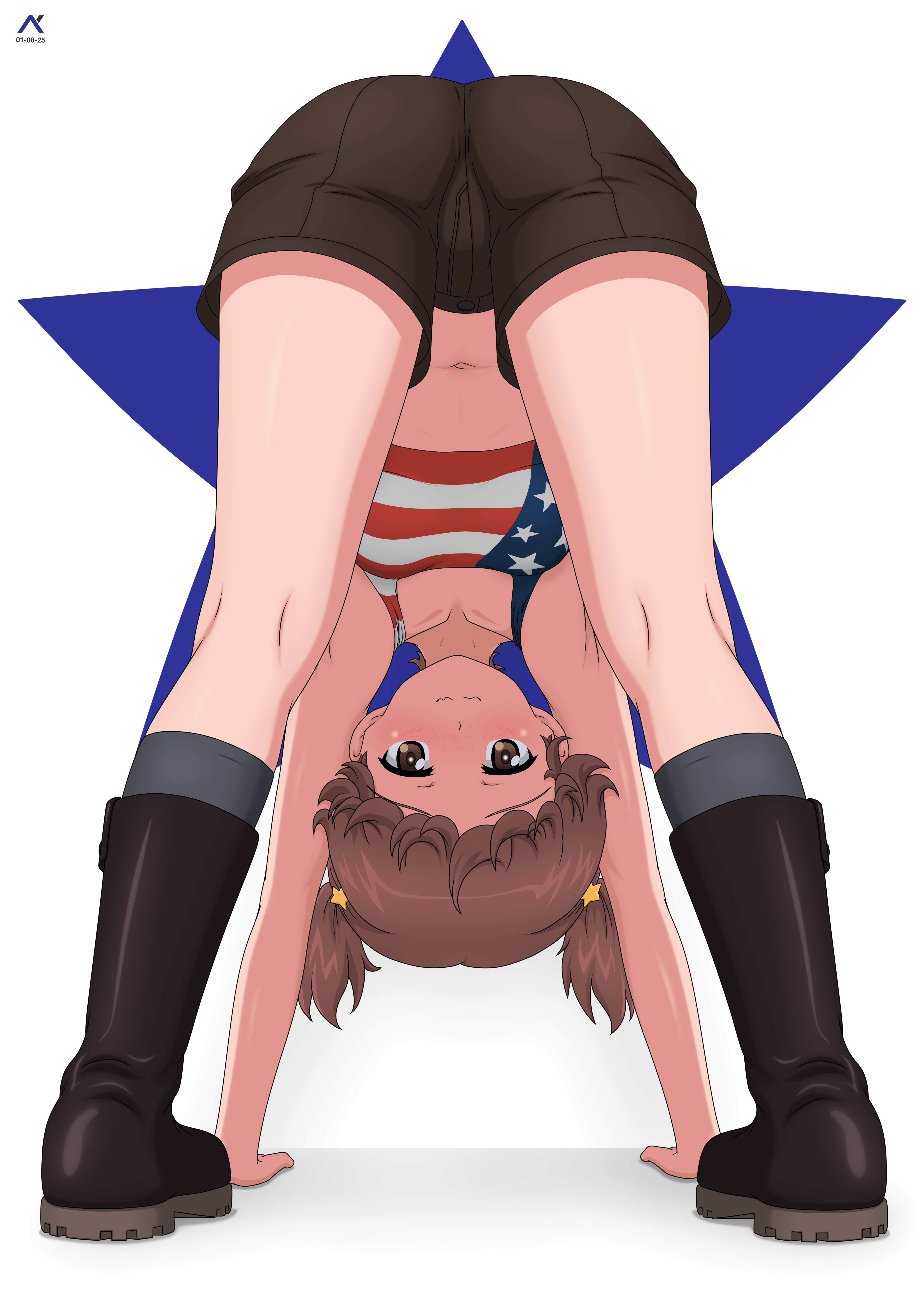 acrux, alisa (girls und panzer), girls und panzer, absurdres, commentary, english commentary, highres, 1girl, american flag, american flag print, bent over, between legs, black boots, black shorts, blush, boots, brown eyes, brown hair, closed mouth, embarrassed, flag print, freckles, from behind, full body, grey socks, hair ornament, looking at viewer, looking back, military uniform, print tank top, saunders military uniform, short hair, short twintails, shorts, smile, socks, solo, standing, star (symbol), star hair ornament, twintails, wavy mouth, white background
