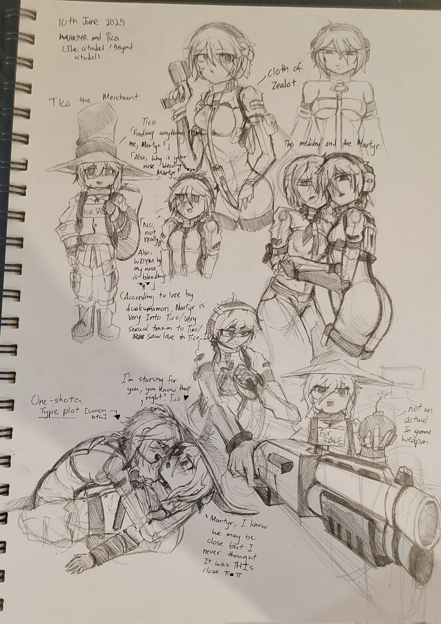 martyr (the citadel), sister atla, tycho (the citadel), beyond citadel, the citadel, graphite (medium), traditional media, blush, bomb, couple, english text, explosive, gun, hat, headphones, nose bleed, revealing clothes, shotgun, sign, talking, weapon, wearing sign