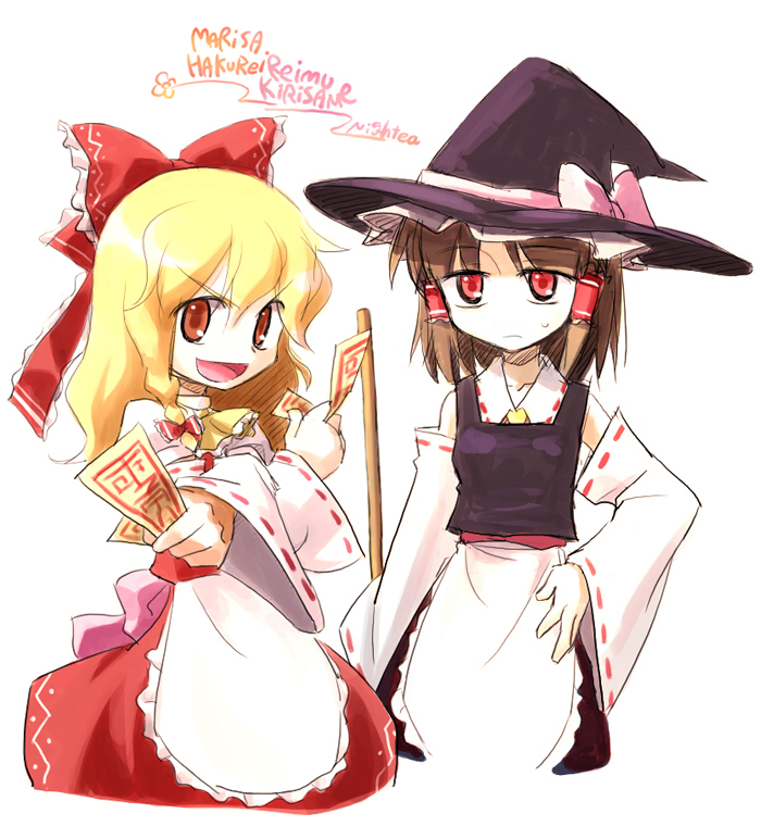 nightea, hakurei reimu, kirisame marisa, touhou, >:), 2girls, :d, apron, blonde hair, bored, bow, brown hair, cosplay, costume switch, detached sleeves, female focus, hair bow, hair tubes, hakurei reimu (cosplay), jitome, kirisame marisa (cosplay), multiple girls, ofuda, open mouth, red eyes, smile, v-shaped eyebrows, waist apron