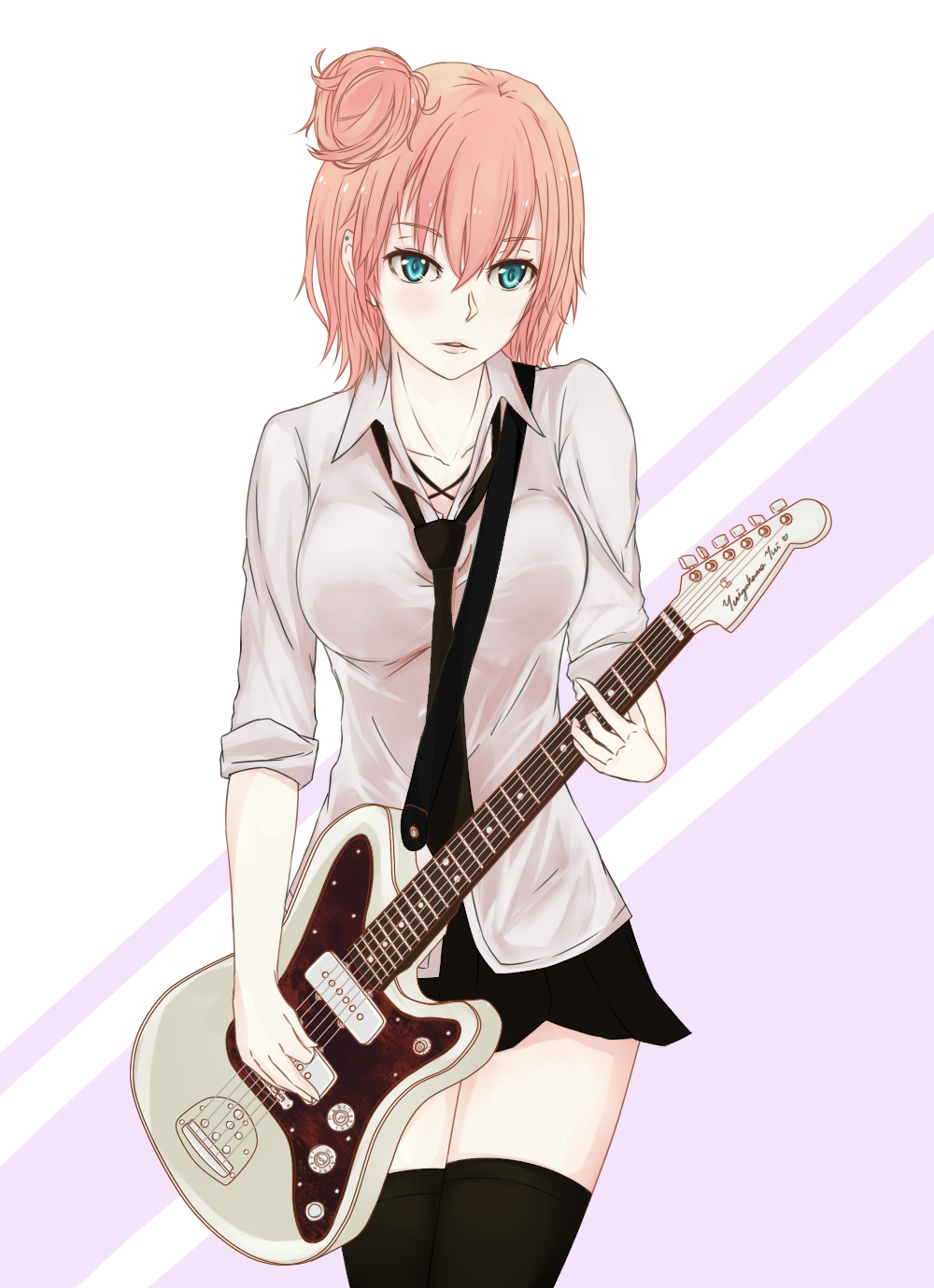 shio (k-193), yuigahama yui, yahari ore no seishun lovecome wa machigatteiru., commentary request, highres, 1girl, black necktie, black thighhighs, blush, breasts, character name, collarbone, dress shirt, electric guitar, green eyes, guitar, hair between eyes, hair bun, holding, holding instrument, instrument, large breasts, long sleeves, looking at viewer, loose necktie, miniskirt, music, necktie, pink hair, playing instrument, school uniform, shirt, simple background, single hair bun, skirt, sleeves rolled up, solo, thighhighs, white shirt, zettai ryouiki