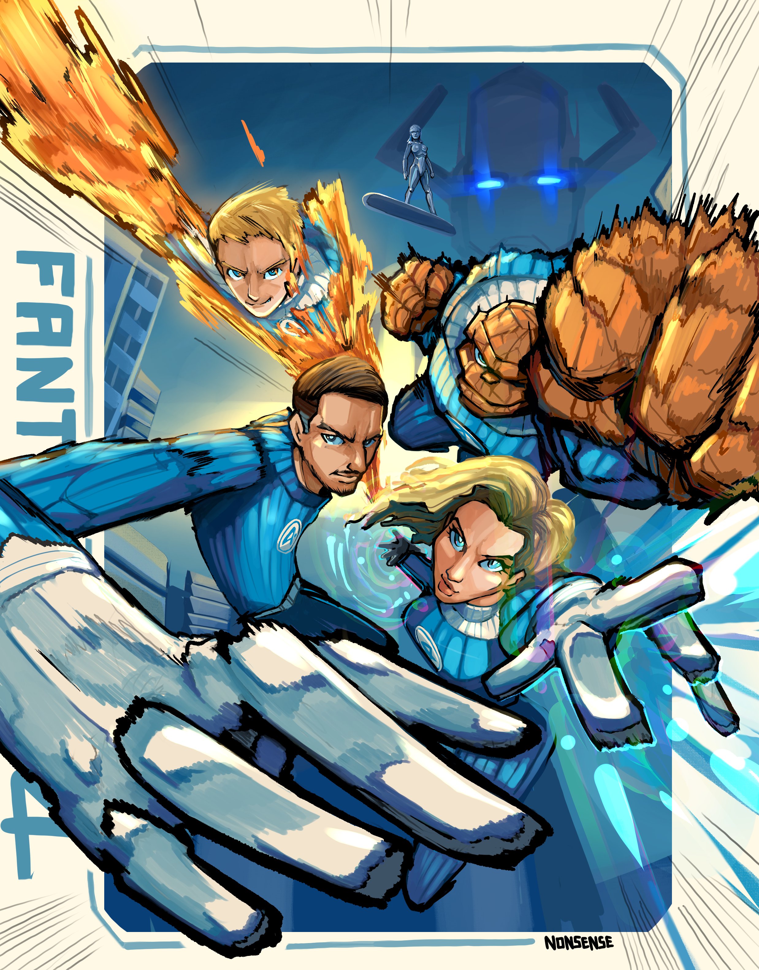 n0nsensemob, ben grimm, human torch, reed richards, sue storm, fantastic four, marvel, marvel cinematic universe, marvel rivals, the fantastic four: first steps, absurdres, highres, 1girl, 3boys, artist name, ben grimm (the fantastic four: first steps), blonde hair, blue bodysuit, blue eyes, bodysuit, brown hair, gloves, human torch (the fantastic four: first steps), long hair, looking at viewer, motion lines, multiple boys, official alternate costume, reed richards (the fantastic four: first steps), short hair, sue storm (the fantastic four: first steps), white gloves