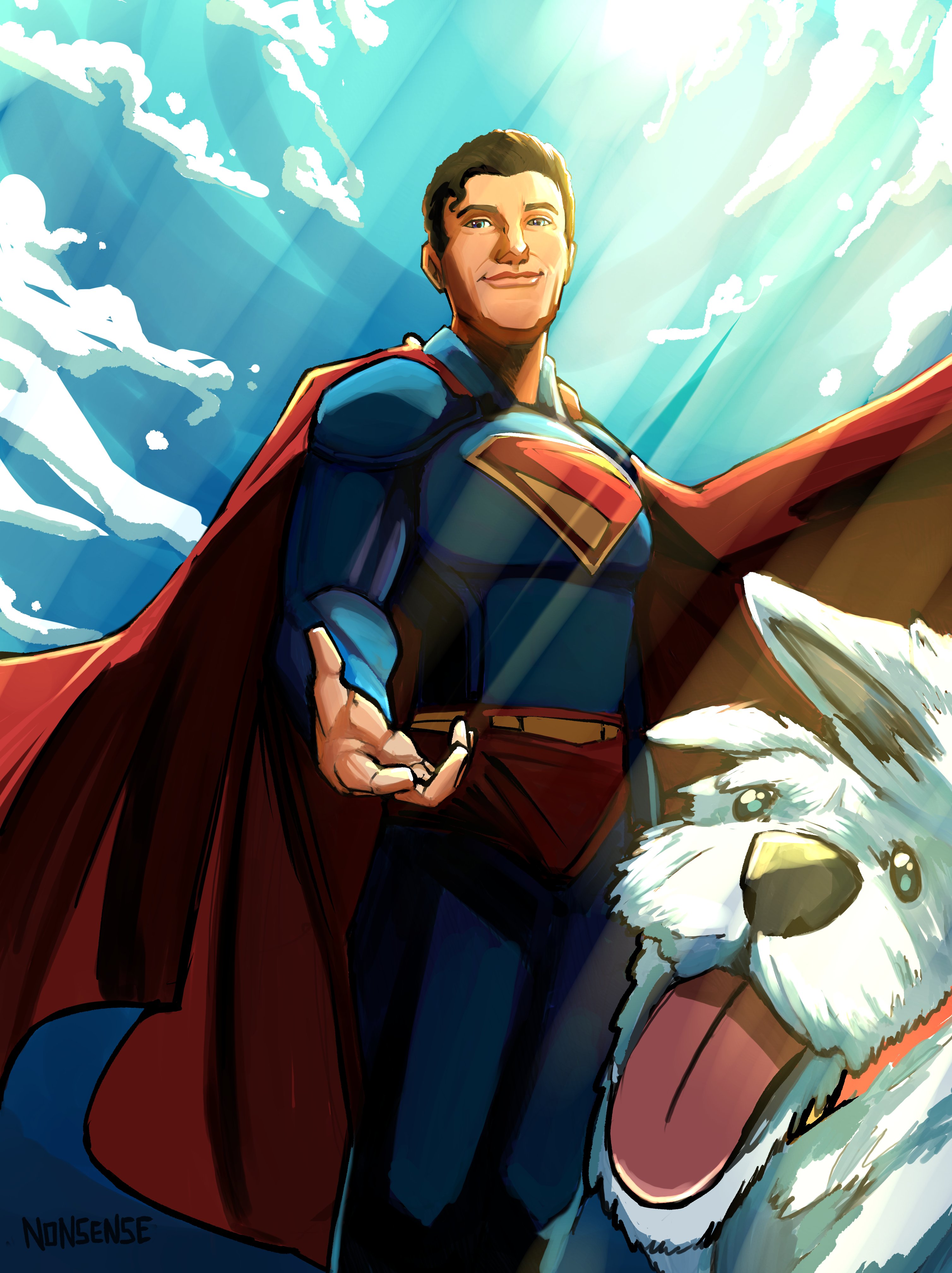 n0nsensemob, krypto the superdog, superman, dc comics, superman (2025), superman (series), absurdres, highres, 1boy, artist name, black hair, blue bodysuit, blue sky, bodysuit, cape, cloud, day, dog, looking at viewer, male focus, male underwear, open mouth, outdoors, red cape, red male underwear, short hair, sky, underwear, white dog
