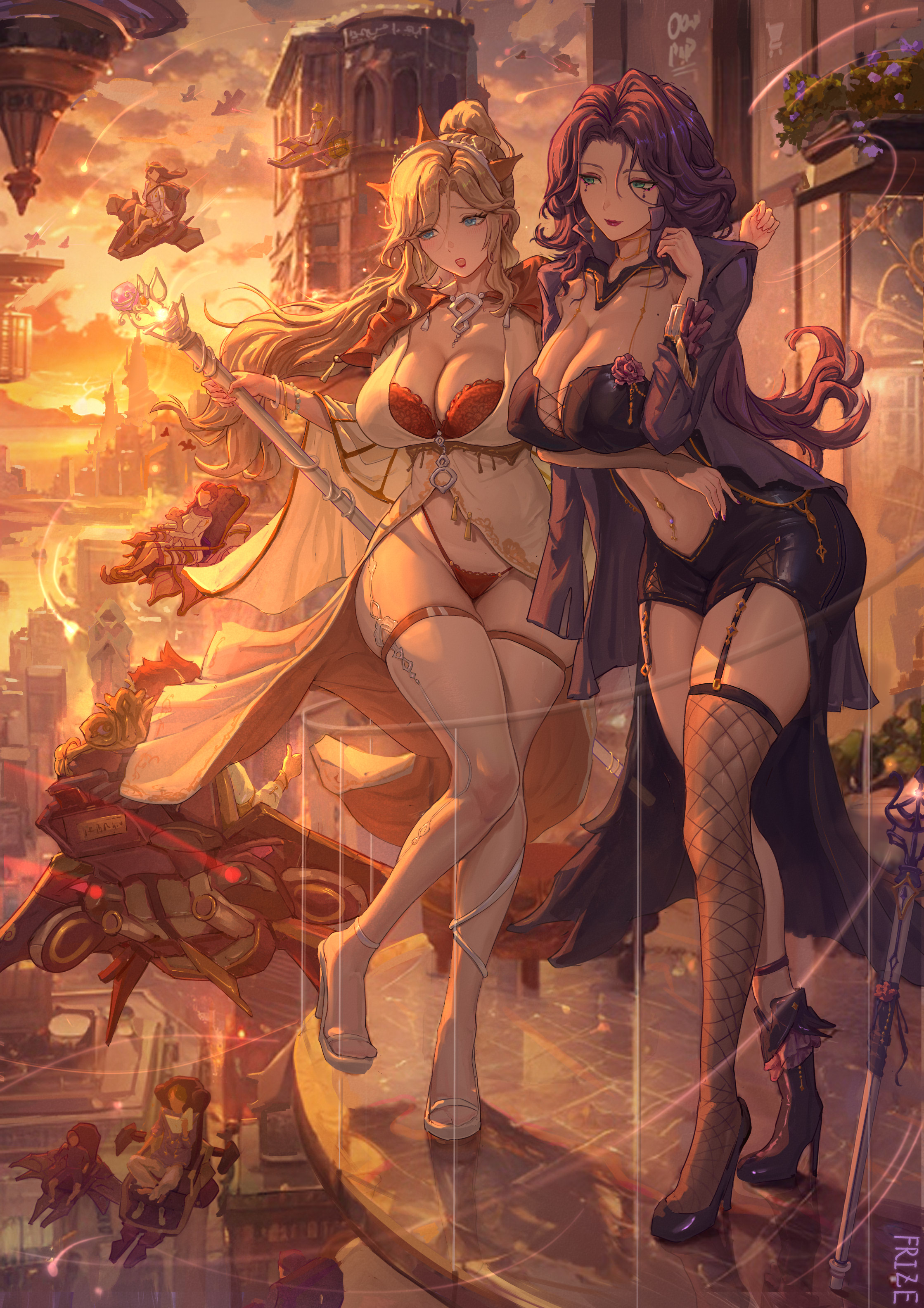 frize fulei, original, absurdres, highres, 2girls, blonde hair, blue eyes, breasts, dress, fishnet thighhighs, fishnets, garter straps, green eyes, high heels, jacket, large breasts, mature female, multiple girls, navel piercing, panties, piercing, purple hair, purple jacket, red panties, thighhighs, underwear, white dress