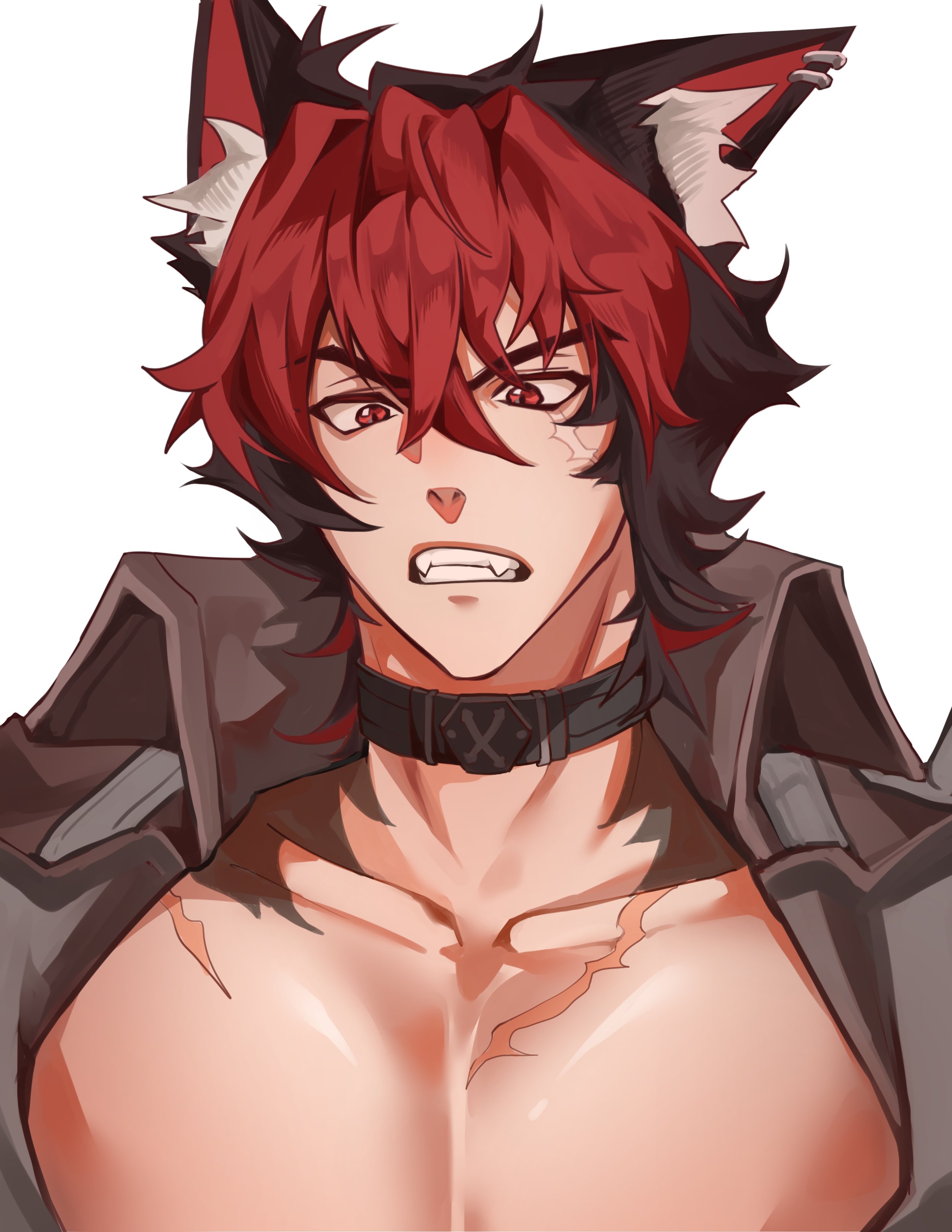 komano manato, zenless zone zero, absurdres, highres, 1boy, animal ears, black choker, black hair, black jacket, choker, collarbone, dog boy, dog ears, earrings, fangs, jacket, jewelry, male focus, multicolored hair, multiple scars, muscular, muscular male, pectorals, red eyes, red hair, scar, scar across eye, scar on chest, scar on face, short hair, simple background, solo, teeth, upper body, vill leta