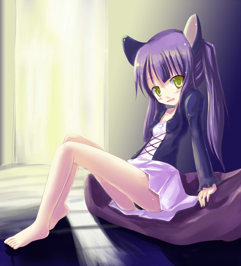 kuro (be ok), original, 1girl, animal ears, bad anatomy, bad feet, barefoot, feet, female focus, mouse ears, poorly drawn, purple hair, solo, twintails, yellow eyes