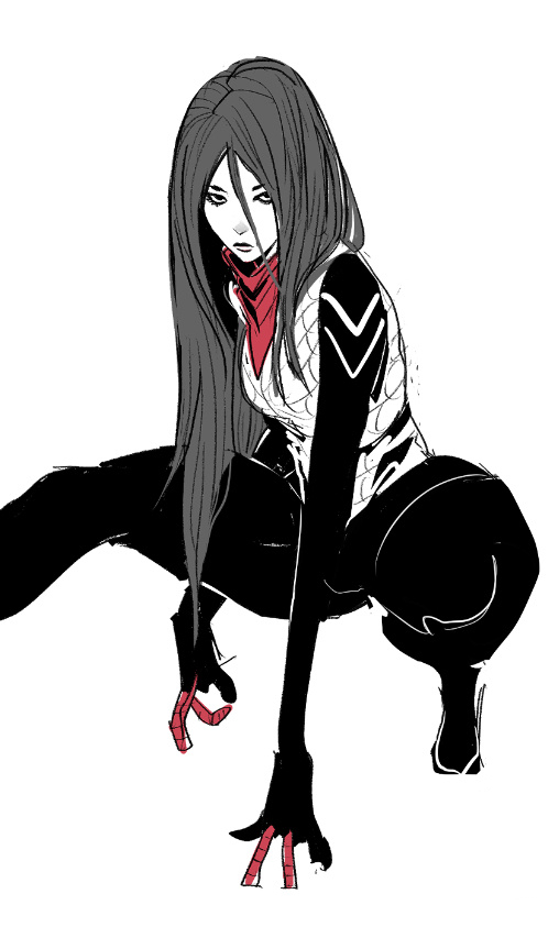cindy moon, silk (marvel), marvel, spider-man (series), 1girl, bandana, bandana around neck, bodysuit, greyscale, jcrowf6, long hair, looking at viewer, monochrome, red bandana, simple background, sketch, solo, spot color, squatting, superhero costume, white background