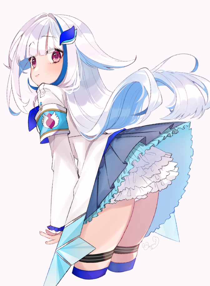 akym, lize helesta, lize helesta (1st costume), nijisanji, commentary request, 1girl, armband, blue armband, blue hair, blue skirt, blue thighhighs, blush, closed mouth, clothes lift, colored inner hair, cropped legs, floating hair, frilled skirt, frilled sleeves, frills, from behind, hair intakes, jacket, leaning forward, long hair, long sleeves, looking back, miniskirt, multicolored hair, petticoat, pleated skirt, purple eyes, purple pupils, signature, simple background, skirt, skirt lift, solo, streaked hair, thigh strap, thighhighs, thighs, turning head, two-tone hair, very long hair, virtual youtuber, white background, white hair, white jacket, white petticoat
