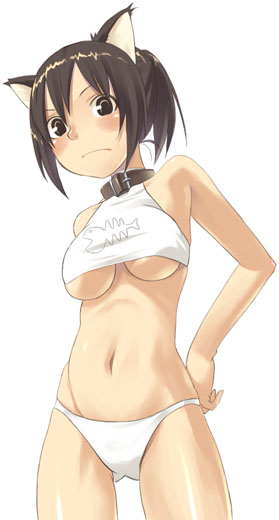1girl, animal ears, breasts, brown hair, cat ears, collar, crop top, female focus, navel, panties, short hair, sleeveless tanktop, solo, underboob, underwear